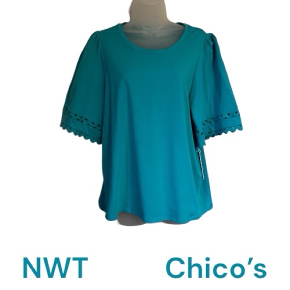 Chico's Tops - NWT RETAIL: $70  Chico's Teal Eyelet-Trim Top  LARGE      #K